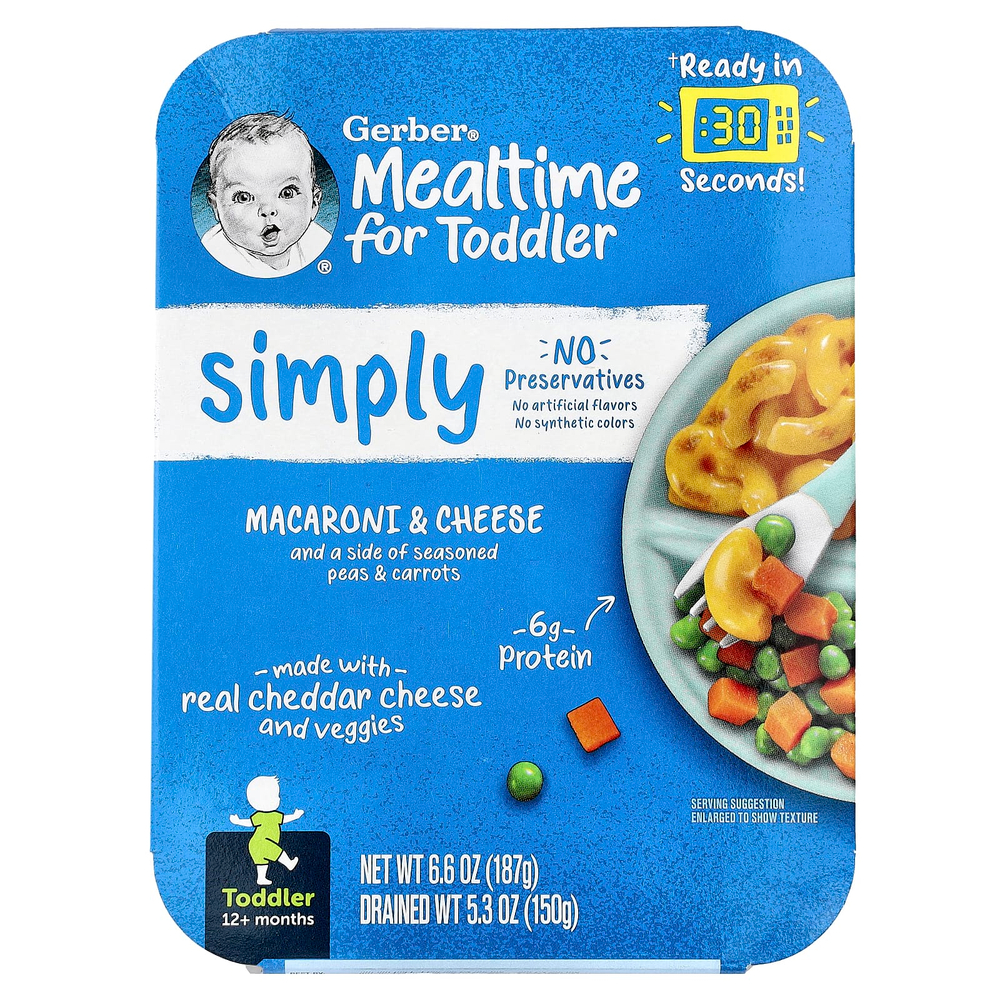 Gerber, Mealtime для малышей от 12 месяцев, макароны с сыром и гарниром из гороха и моркови, 187 г (6,6 унции)