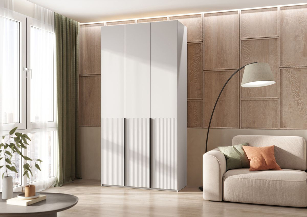 Шкаф для одежды распашной с полками и штангой 3 створки Браш Вайт/Дуб Крафт 120х 51х 240 см