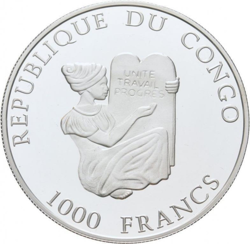 1000 франков Черный носорог. Конго. Серебро. 2004 год