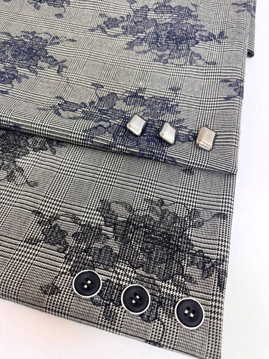 Костюмная шерсть принт клетка, ч/б, с вышивкой FC#409