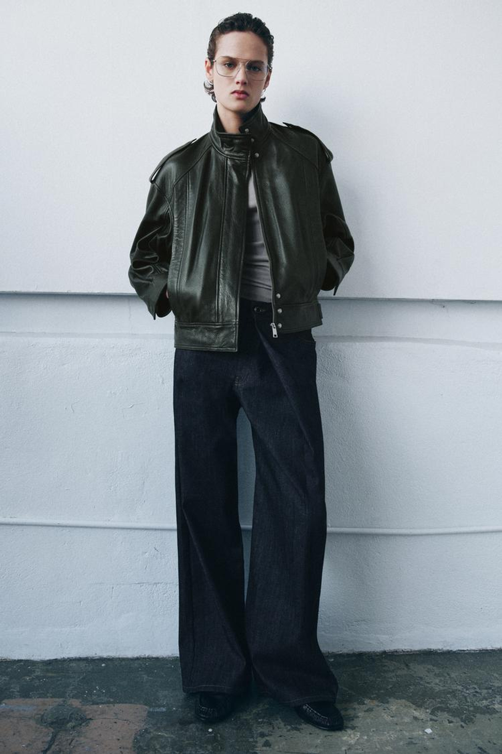 ZARA БОМБЕР ИЗ КОЖИ — ZW COLLECTION LIMITED EDITION, БУТЫЛОЧНО-ЗЕЛЕНЫЙ