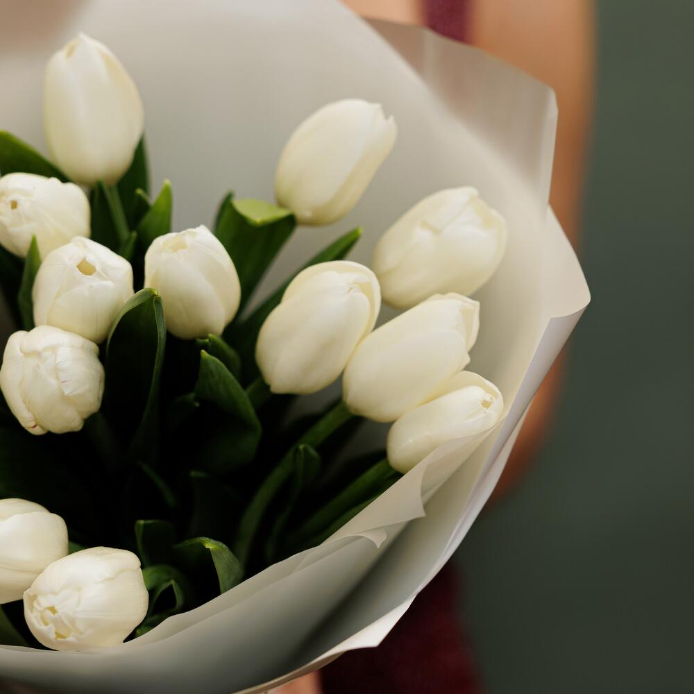 Букет из 15 белых тюльпанов в белом оформлении