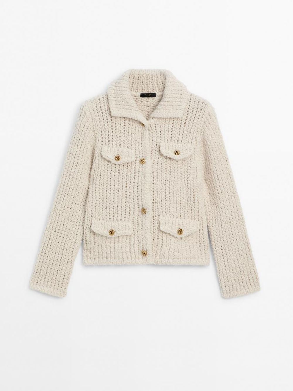 Massimo Dutti Кардиган с карманами, натуральный, кремовый