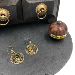 Серьги Flower of Life тигровый глаз из латуни