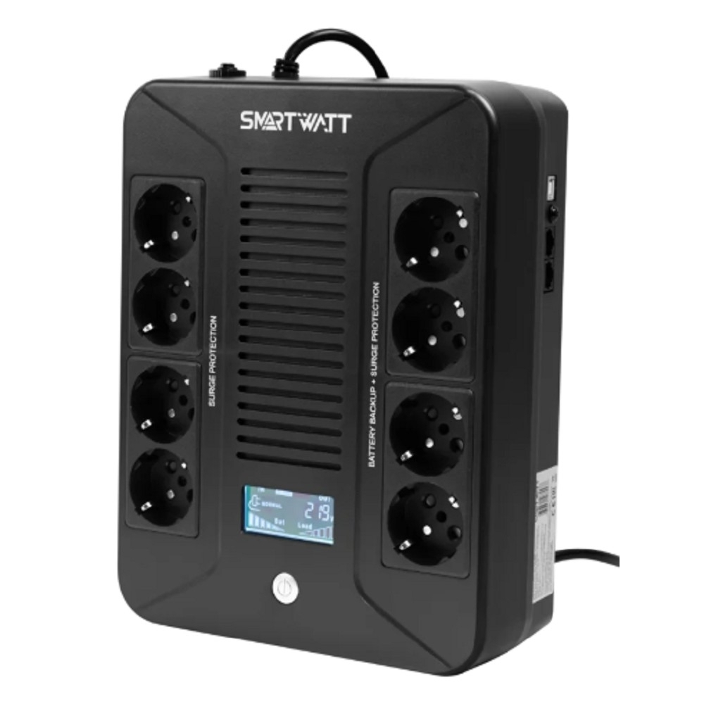 Источник бесперебойного питания SMARTWATT UPS SAFE PRO LCD 800 (линейно-интерактивный, 800 / 480 ВА / Вт, напольный / настенный, LCD дисплей, Shuko CEE7 / 4 - 8 шт. (4 шт. с резервным питанием, 4 шт. - сетевой фильтр)
