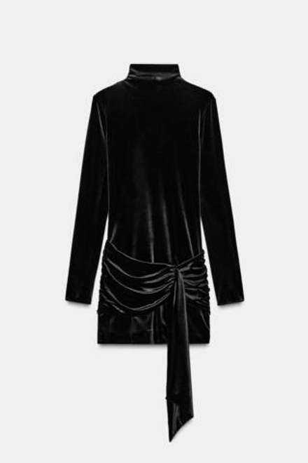 ZARA КОРОТКОЕ БАРХАТНОЕ ПЛАТЬЕ С ПОЯСОМ-КУШАКОМ, ЧЕРНЫЙ