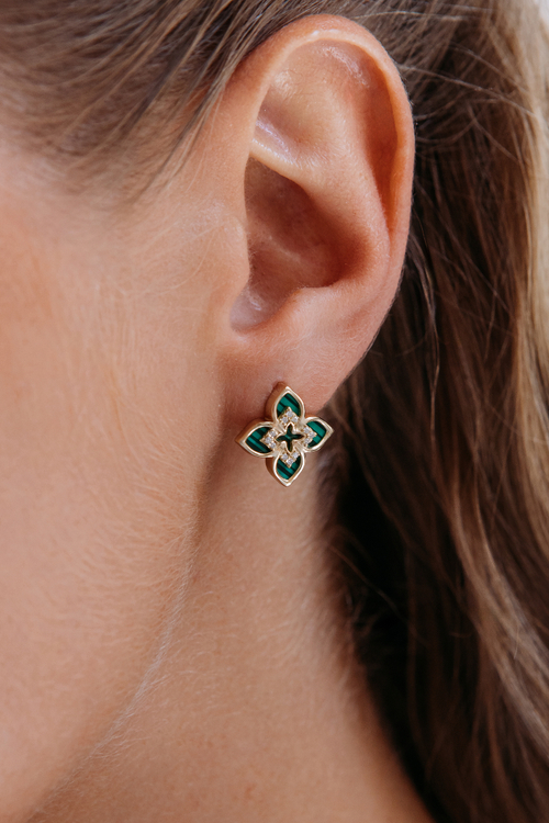 Серьги "TRUE FLOWERS" в зололочении с малахитом