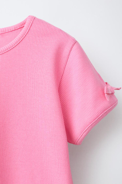 ZARA ФУТБОЛКА В РУБЧИК С БАНТАМИ, РОЗОВЫЙ