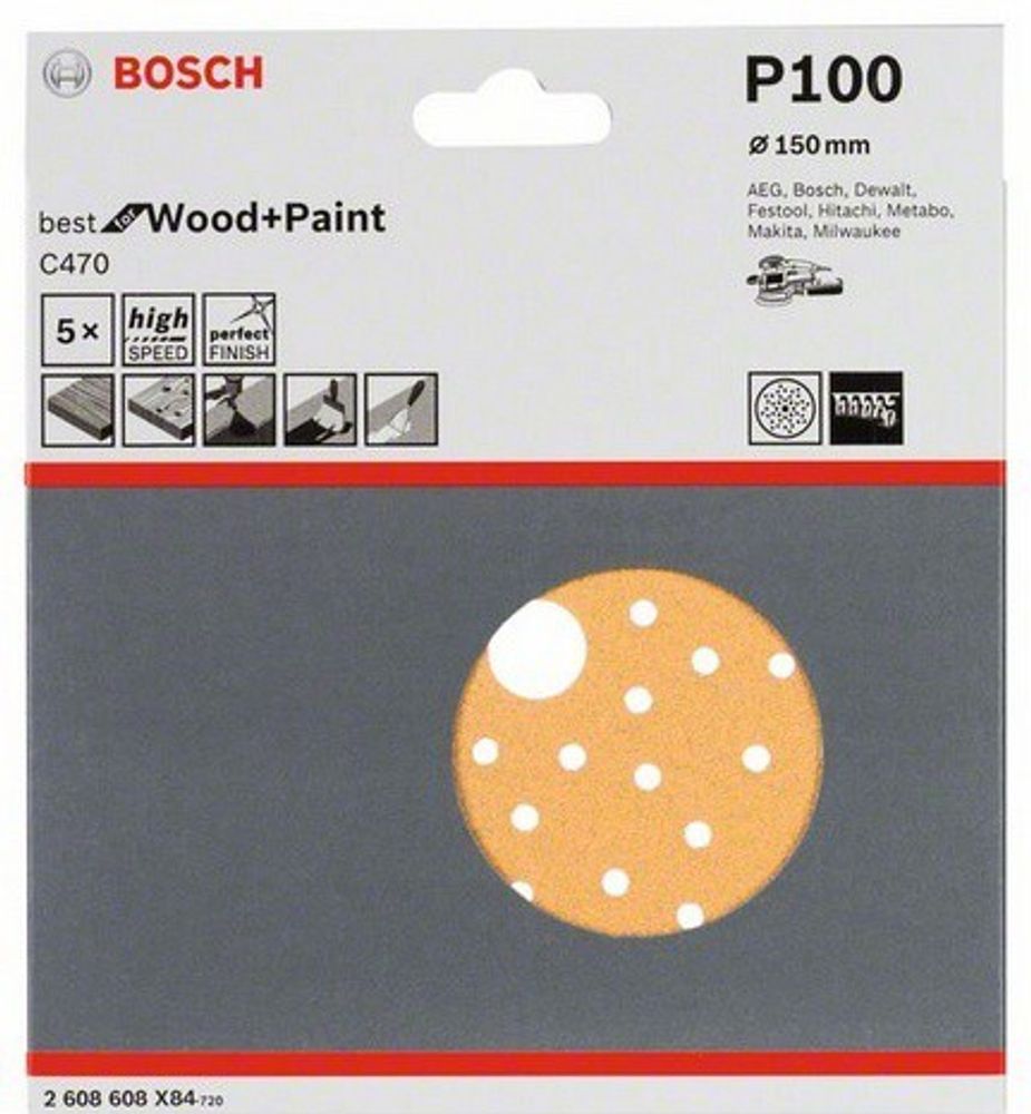 Шлифкруг 150 мм BOSCH 5 шлифлистов Best for Wood+Paint Multihole O K100