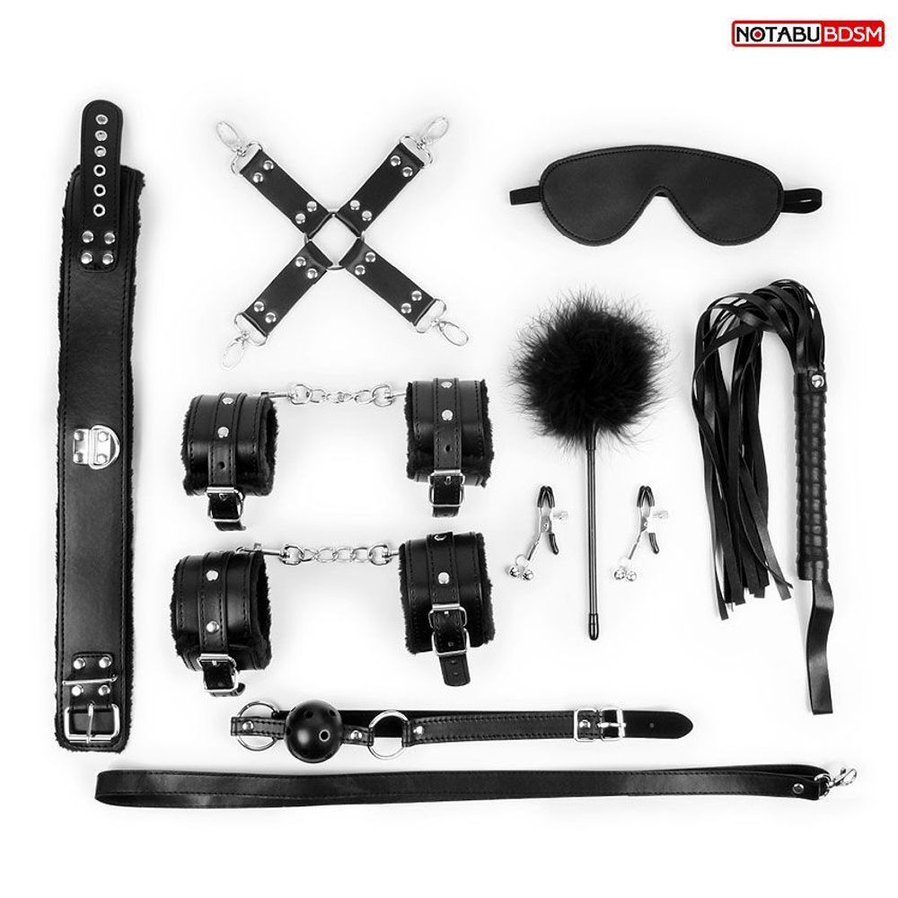 Большой набор БДСМ в черном цвете: маска, кляп, зажимы, плётка, ошейник, наручники, оковы, щекоталка