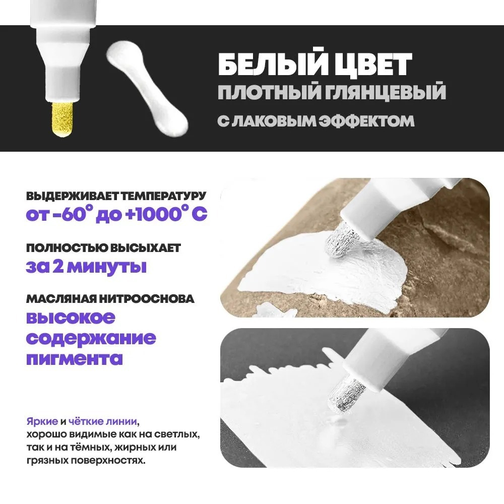 Маркер-краска перманентный белый, набор 2 шт, MC-Basir, несмываемый лаковый водостойкий фломастер строительный (по металлу, пластику, стеклу), для граффити и теггинга, наконечник 5 мм