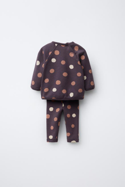 ZARA КОМПЛЕКТ: ТОЛСТОВКА И ЛЕГИНСЫ В ГОРОШЕК, БАКЛАЖАННЫЙ