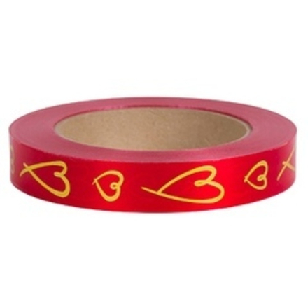 Лента (2см х 50 м) с рисунком Золотые Сердечки красная