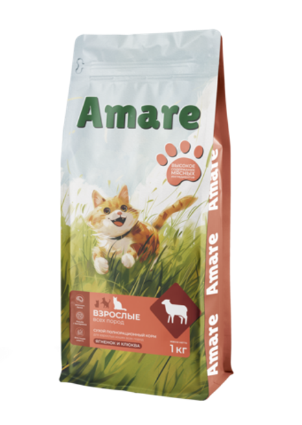 Amare Сухой полнорационный корм для взрослых кошек ягненок и клюква 1 кг
