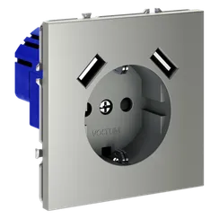 Розетка встраиваемая VOLTUM S70 с заземлением и защитными шторками, 16А, с USB, A+A, (сталь)