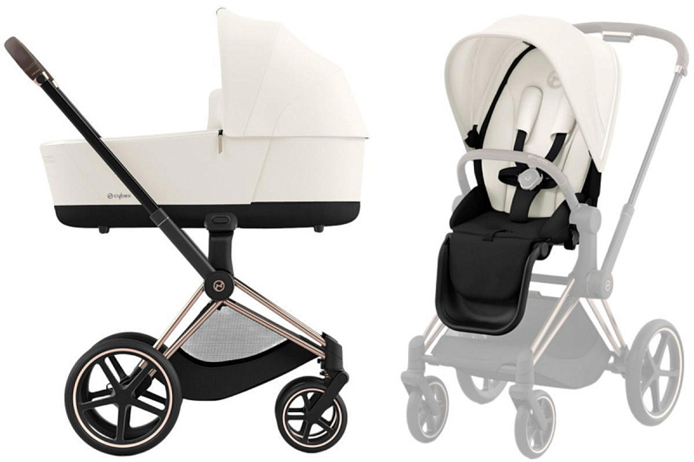 Коляска 3 в 1 Cybex Priam IV Rosegold complete и автокресло Aton S2 i-Size Moon Black Off White