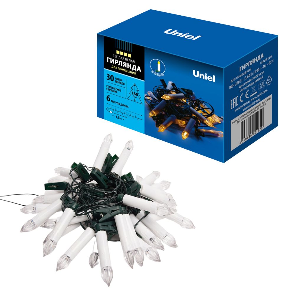 ULD-S0600-030/SGA WARM WHITE IP20 CANDLES Гирлянда светодиодная «Свечки», 6м. 30 светодиодов. Теплый белый свет. Постоянное свечение. Провод зеленый.