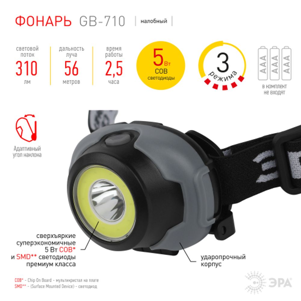 Фонарь налобный светодиодный ЭРА GB-710 Криптон, на батарейках, 3 режима, 5 Вт, СОВ, 3хААА | Налобные фонари