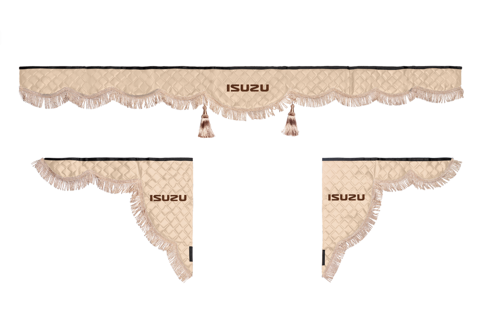 Ламбрекен с косынками стеганые Isuzu (экокожа, бежевый, бежевая бахрома "закрутка")