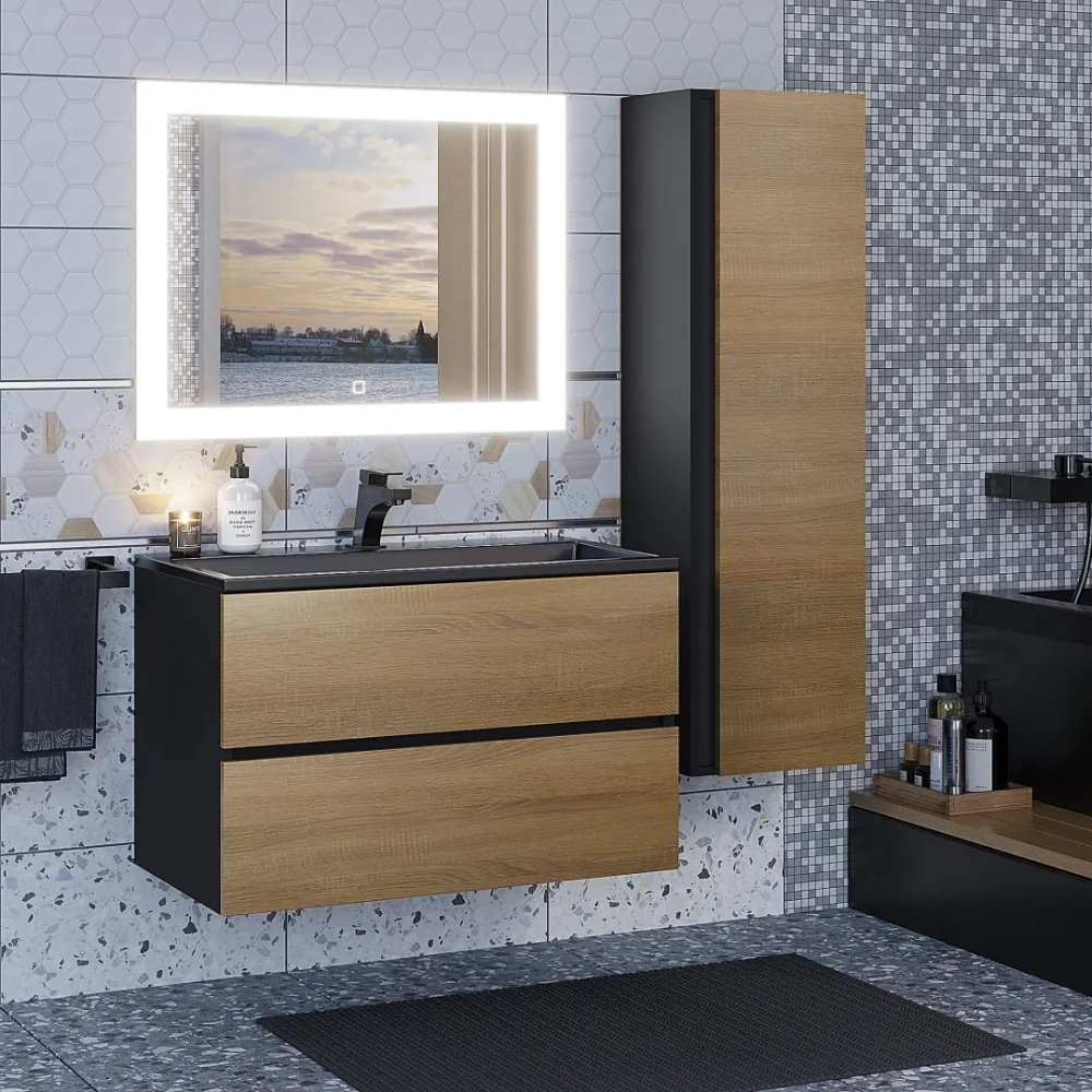Тумба с раковиной Uperwood Barsa 80 см, раковина черная глянцевая, подвесная тумба черная/дуб сонома