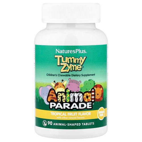 NaturesPlus, Animal Parade®, Tummy Zyme®, добавка для поддержки пищеварения, тропические фрукты, 90 таблеток в форме животных