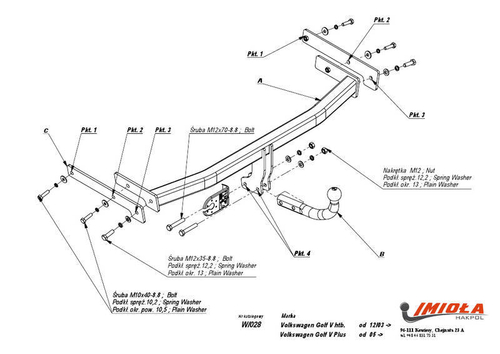 Фаркоп IMIOLA W.028 Volkswagen Golf хетчбек 2004-2008, включая Plus, Volkswagen Golf хетчбек 2008-2013, включая Plus, Audi A3 хетчбек 3 двери 2003-2012(паспорт и сертификат в комплекте)(без электрики)