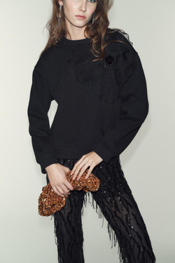 ZARA ТОЛСТОВКА ИЗ ОРГАНЗЫ С ЦВЕТОЧНЫМ ПРИНТОМ, ЧЕРНЫЙ