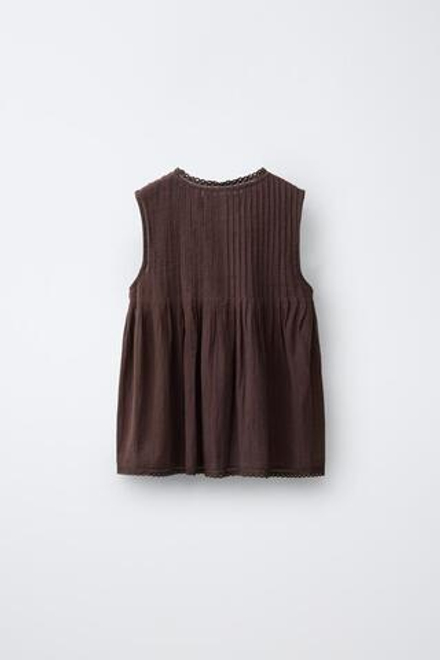 ZARA БЛУЗА С КРУЖЕВОМ И СБОРКАМИ, ТЕМНО-КОРИЧНЕВЫЙ