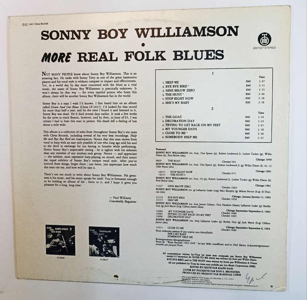 Винтажная виниловая пластинка LP Sonny Boy Williamson More Real Folk Blues (Югославия 1983)