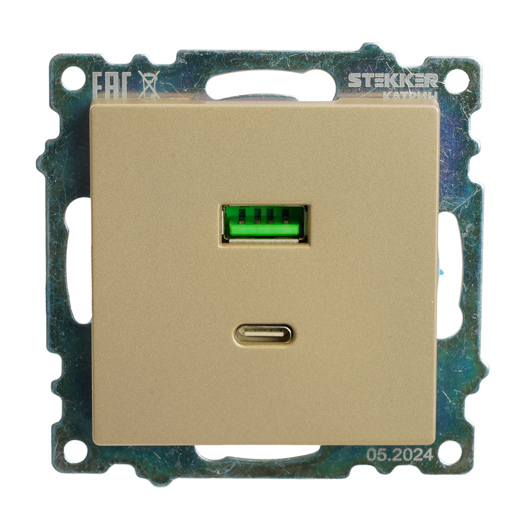 Розетка 2-местная USB + type C (механизм), 250В, 3А, max 20W, STEKKER, GLS10-7116-08, серия Катрин, золото 50053