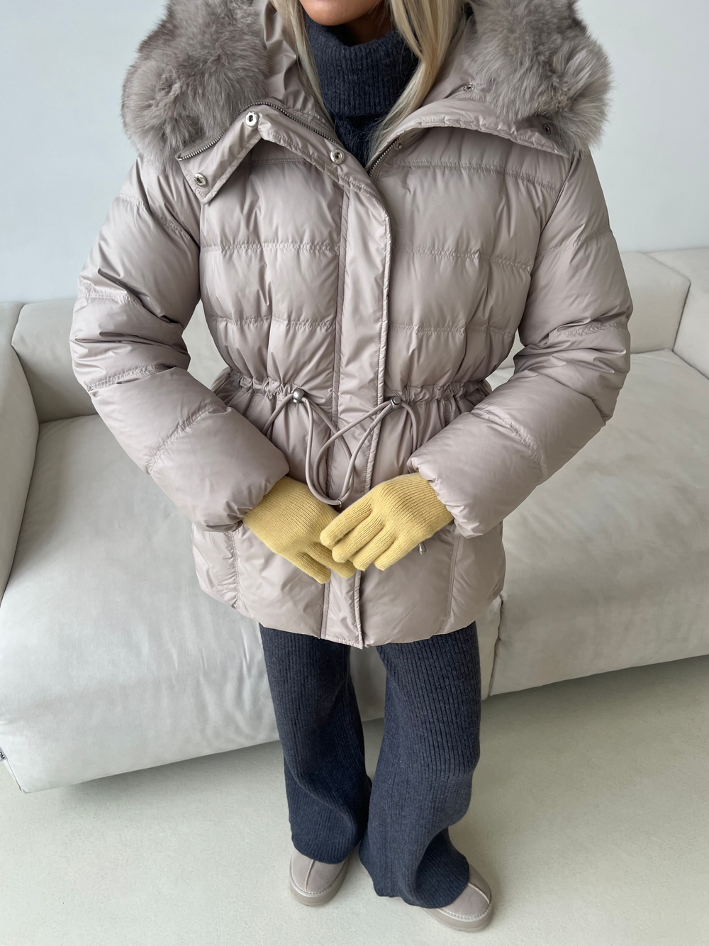 Пуховик Fresh миди с кулиской бежевый