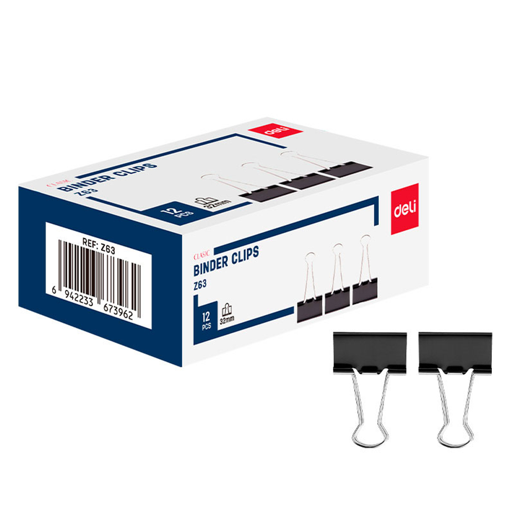 Зажимы для бумаг DELI "Z63", 32 мм, черные, (12 шт.)