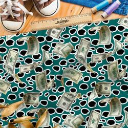 Ткань лён реалистичные доллары на зелёном фоне в горошек