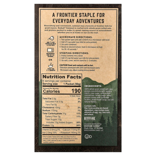 Kodiak Cakes, Овсянка с протеином, кленовый сироп и коричневый сахар, 6 пакетиков по 50 г (1,76 унции)