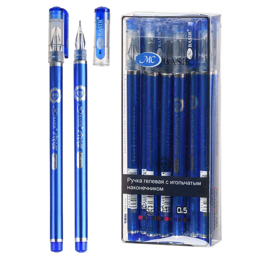 Ручка гелевая, Basir, синие чернила, серия "Office", с граненым наконечником, синий корпус, 12 шт