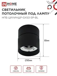 Светильник потолочный НПБ ЦИЛИНДР-GX53-SP-BL под лампу GX53 80х80мм черный IN HOME