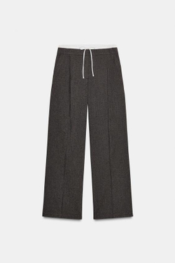 ZARA ШИРОКИЕ БРЮКИ С ДВОЙНЫМ ПОЯСОМ «ГУСИНАЯ ЛАПКА», ТЕМНО-КОРИЧНЕВЫЙ