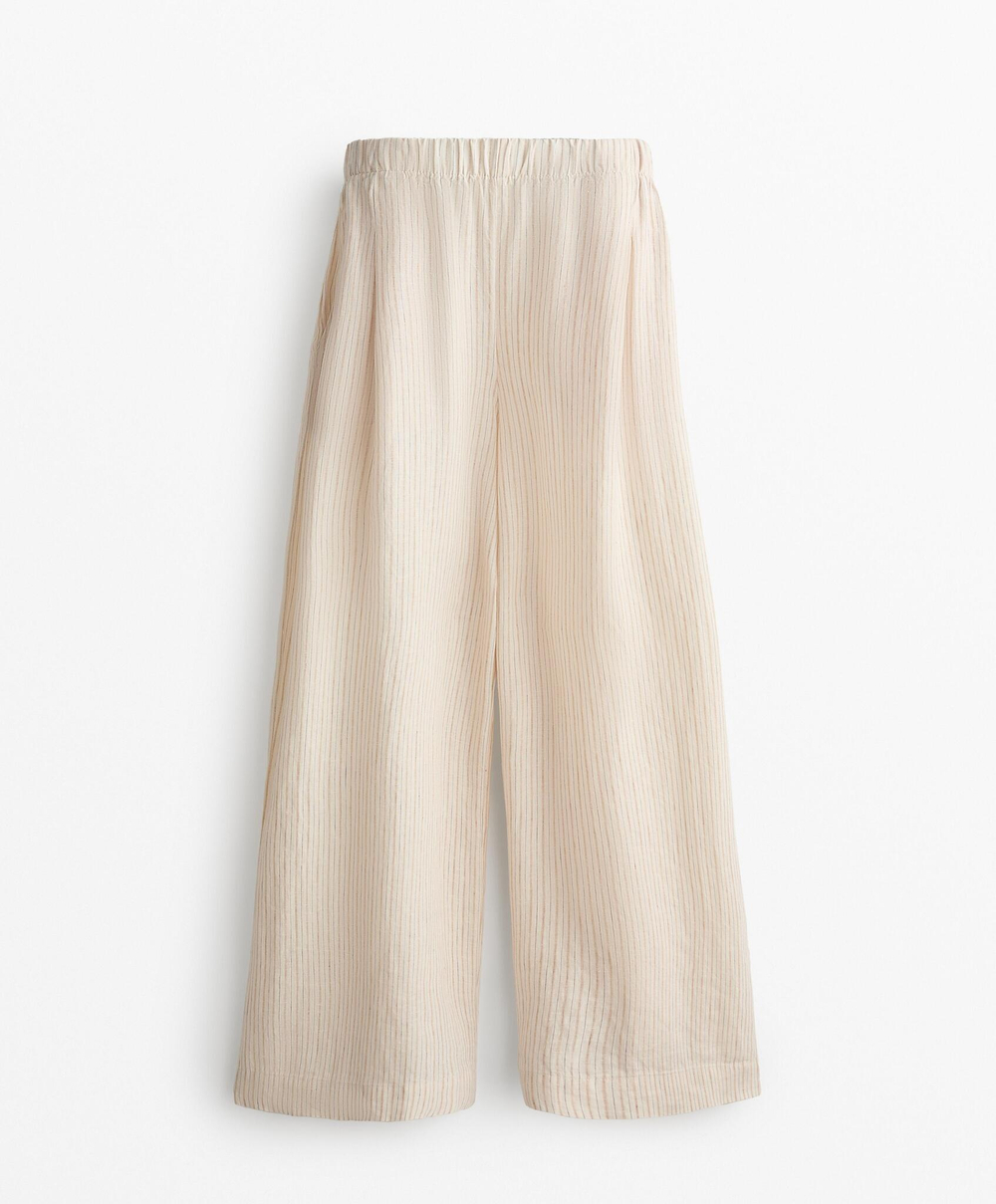 OYSHO Брюки широкие в полоску из 100% льна, светло-бежевый