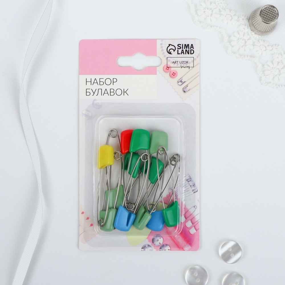 Булавка английская, металл, 5*1,5*0,3см (наб 12шт), головка пластик, блистер, Арт Узор