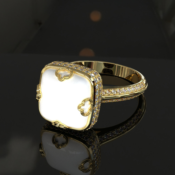 Золотое кольцо из желтого золота 585 пробы с натуральным кахалонгом и бриллиантами