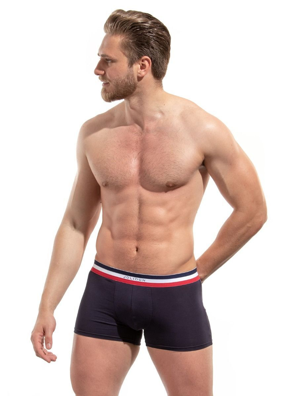 Мужские хлопковые трусы-боксеры с резинкой в полоску (Размер: M) (Цвет: темно-синий)