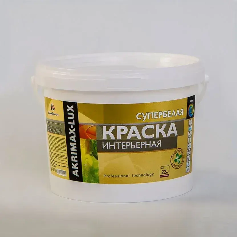 Краска интерьерная супербелая 3 кг AKRIMAX для стен и потолков, акриловая, быстросохнущая, матовое покрытие, белый