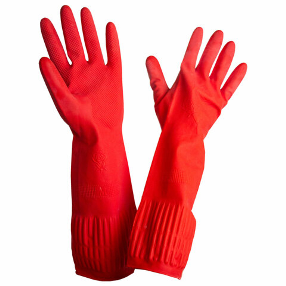 Перчатки МНОГОРАЗОВЫЕ латексные ДЛИННАЯ МАНЖЕТА 25 см КРАСНЫЕ, размер 7-8, M (средний), вес 80 г, КП