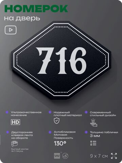 Номерок на дверь квартиры 716, для кабинета, офиса, шильдик 9 х 7 см, черный, Айдентика Технолоджи