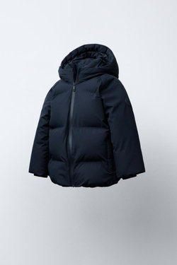 ZARA СТЕГАНЫЙ ПУХОВИК С КАПЮШОНОМ WATER REPELLENT, МОРСКОЙ СИНИЙ