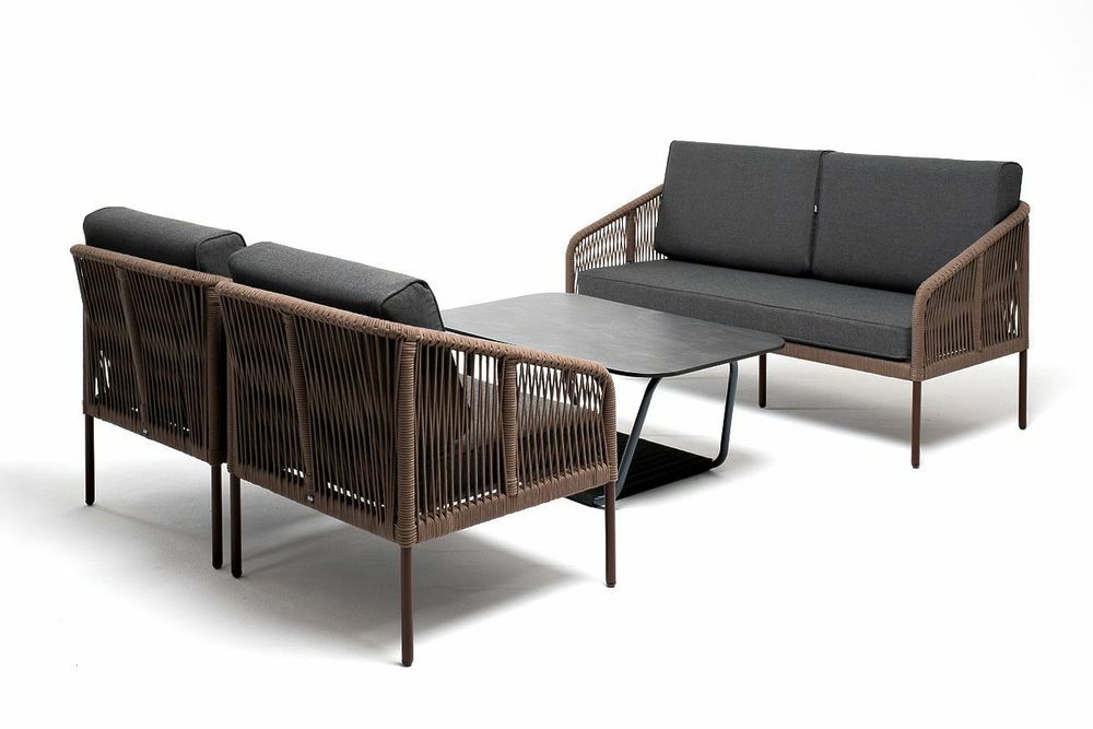 "Канны" лаунж-зона 4-местная из роупа со столом "Верона" (серый гранит), каркас алюминиевый коричневый, роуп коричневый