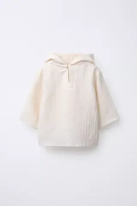 ZARA РУБАШКА ИЗ РЕЛЬЕФНОЙ ТКАНИ С КАПЮШОНОМ, ЭКРЮ