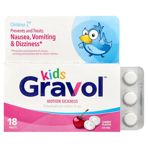 Gravol, Kids, морская болезнь, для детей от 2 лет, вишня, 15 мг, 18 таблеток