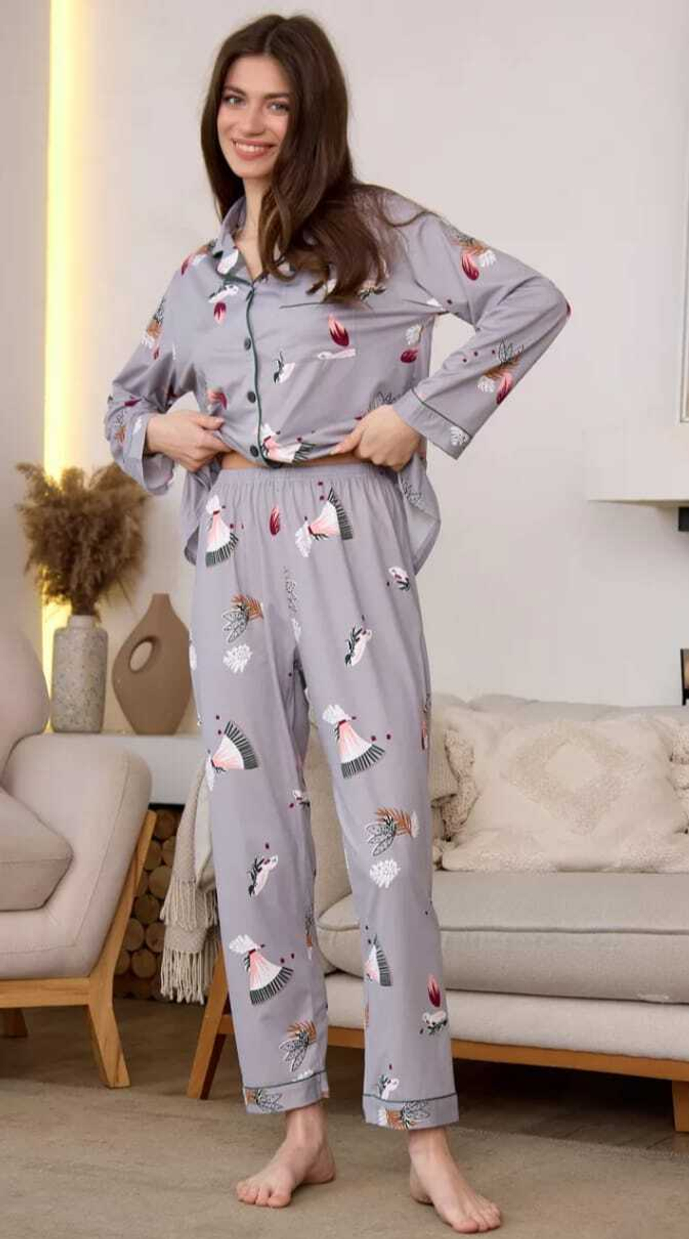 [m]Пижама жен. б/в штаны+рубашка д/р В2627