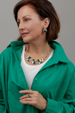 HMG MT Enamel Silver Серьги mix арт.0950, овалы пусеты с зеленой эмалью